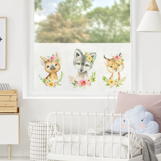 Fensterbild weiß Aquarell Waldtiere mit Blumen Set II