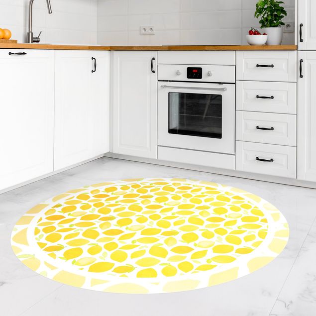 Teppich modern Aquarell Zitronen mit Blättern und Rahmen