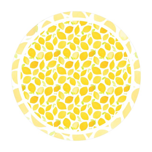 Runder Vinyl-Teppich - Aquarell Zitronen mit Blättern und Rahmen