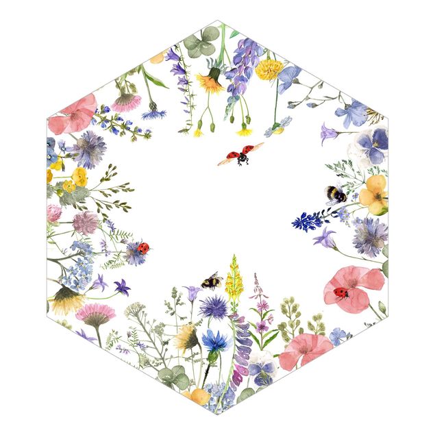 Design Tapete Aquarellierte Blumen mit Marienkäfern