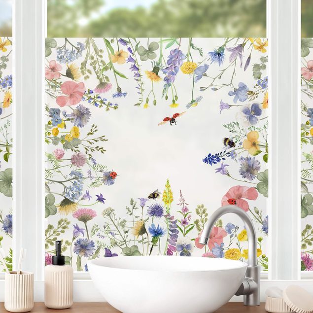 Fensterbilder selbstklebend Blumen Aquarellierte Blumen mit Marienkäfern