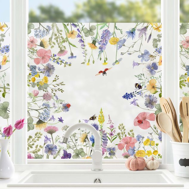 Fensterfolie Gräser Aquarellierte Blumen mit Marienkäfern
