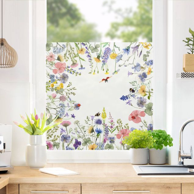 Fensterfolie Farbig Aquarellierte Blumen mit Marienkäfern