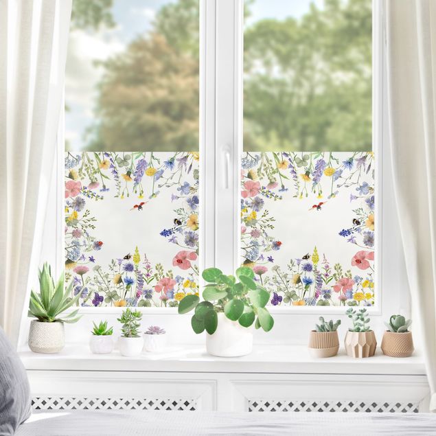 XXL Fensterbilder Aquarellierte Blumen mit Marienkäfern