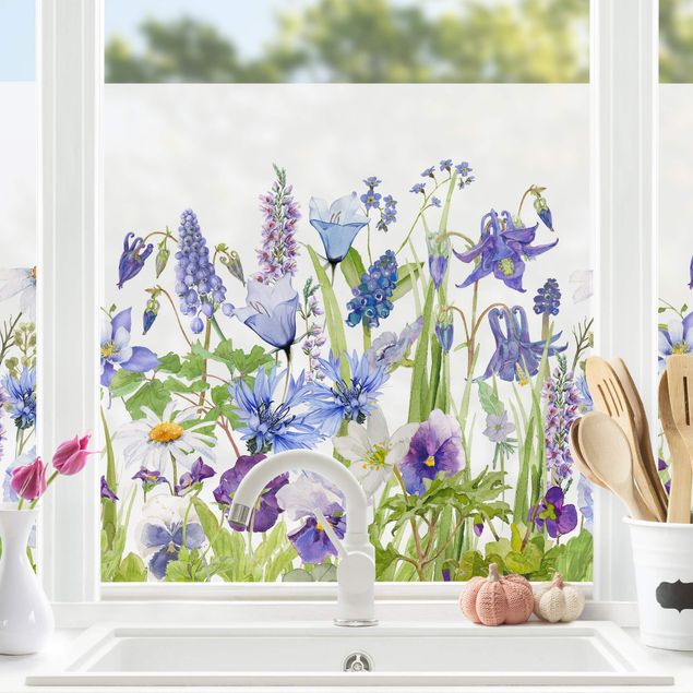 Fensterfolie Gräser Aquarellierte Blumenwiese in Blau