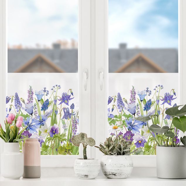XXL Fensterbilder Aquarellierte Blumenwiese in Blau