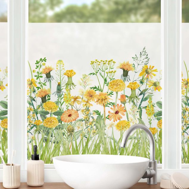 Blumen Fensterbilder Aquarellierte Blumenwiese in Gelb