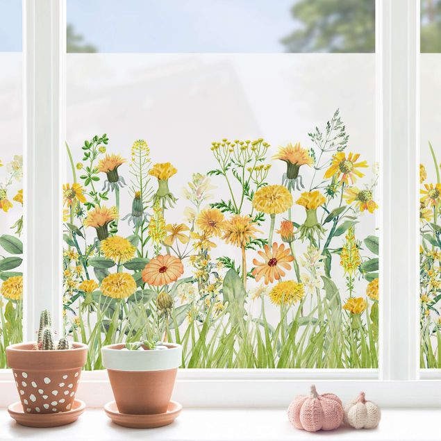 Fensterfolie Gräser Aquarellierte Blumenwiese in Gelb