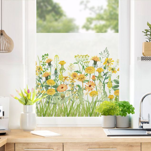 Fensterfolie Farbig Aquarellierte Blumenwiese in Gelb