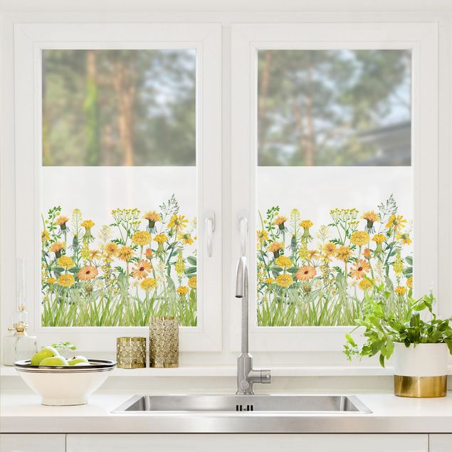 Fensterbild grün Aquarellierte Blumenwiese in Gelb