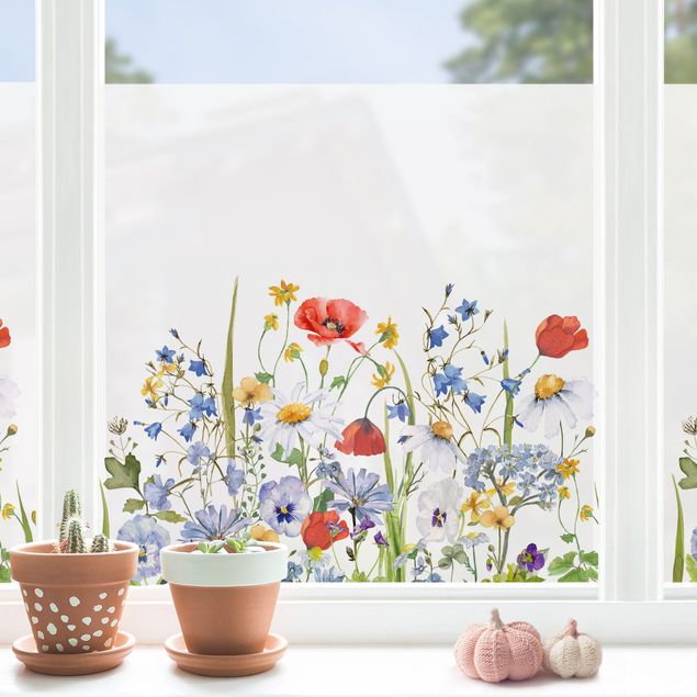 Fensterbilder Blumen Aquarellierte Blumenwiese mit Mohn