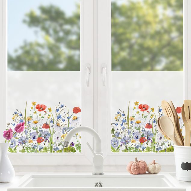 Fensterfolie Farbig Aquarellierte Blumenwiese mit Mohn