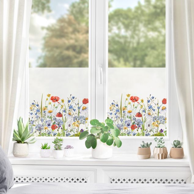 XXL Fensterbilder Aquarellierte Blumenwiese mit Mohn
