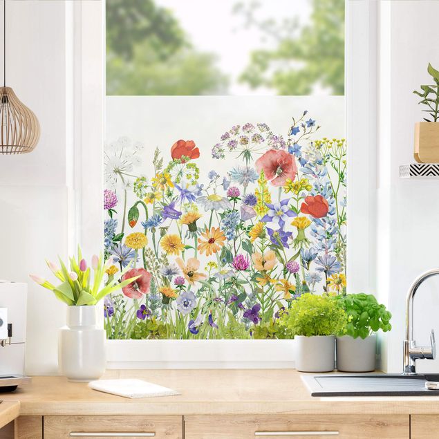 Fensterfolie Farbig Aquarellierte Blumenwiese