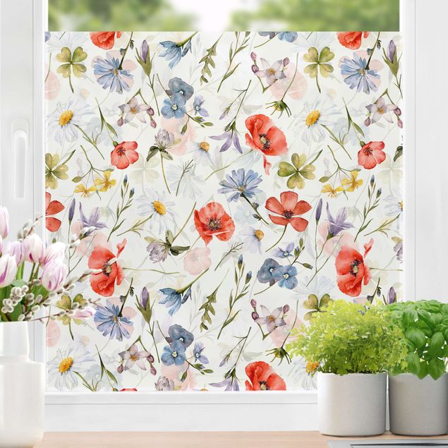 Fensterfolie Farbig Aquarellierter Mohn mit Kleeblatt