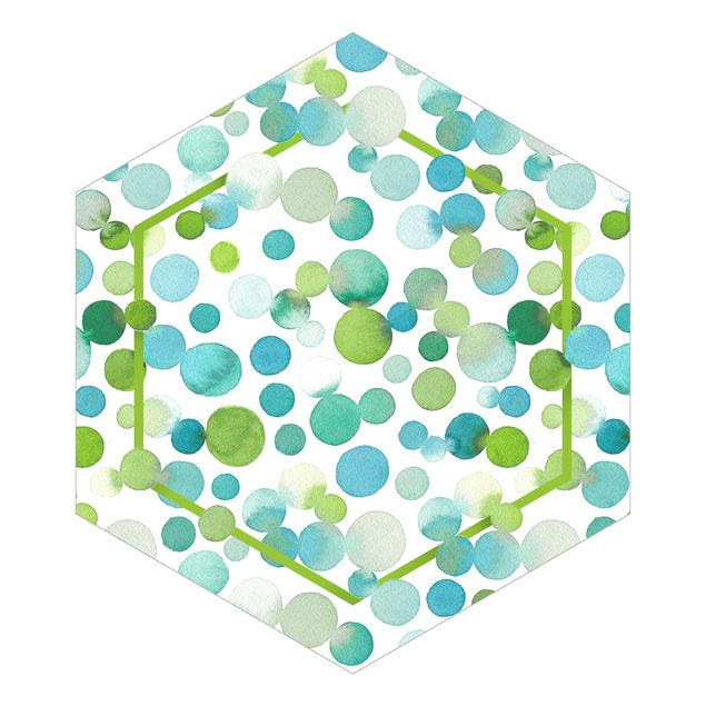 Hexagon Tapete Aquarellpunkte Konfetti in Blaugrün