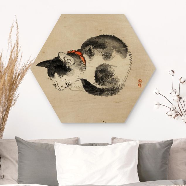 Wandbilder Tiere Asiatische Vintage Zeichnung Schlafende Katze