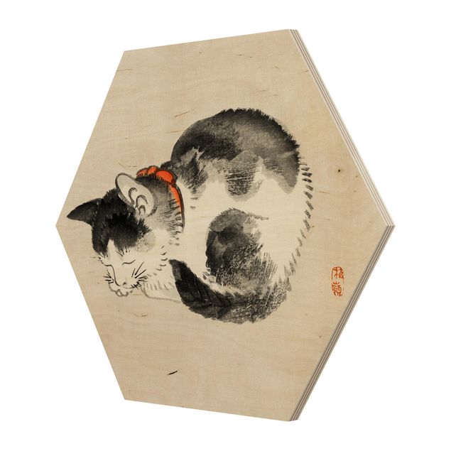 Hexagon-Holzbild - Asiatische Vintage Zeichnung Schlafende Katze