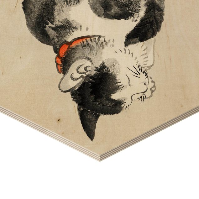 Hexagon-Holzbild - Asiatische Vintage Zeichnung Schlafende Katze