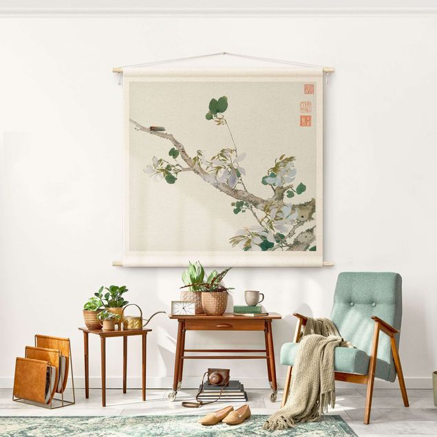 Wandteppich Vintage Asiatische Zeichnung - Ast mit Blüten