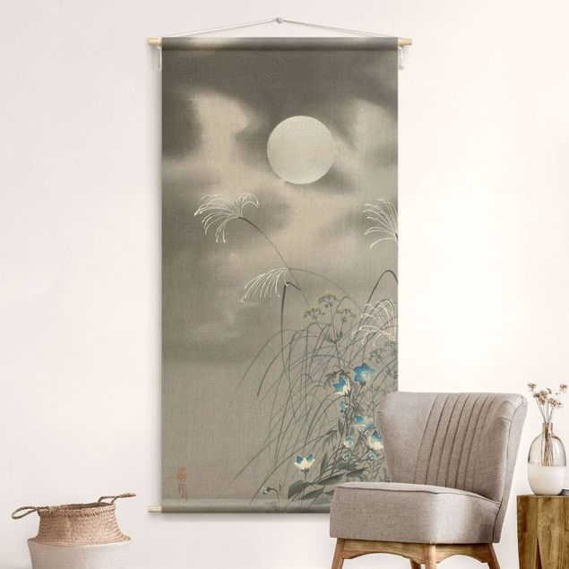 Wandbehang Tuch Asiatische Zeichnung - Blüte bei Mond