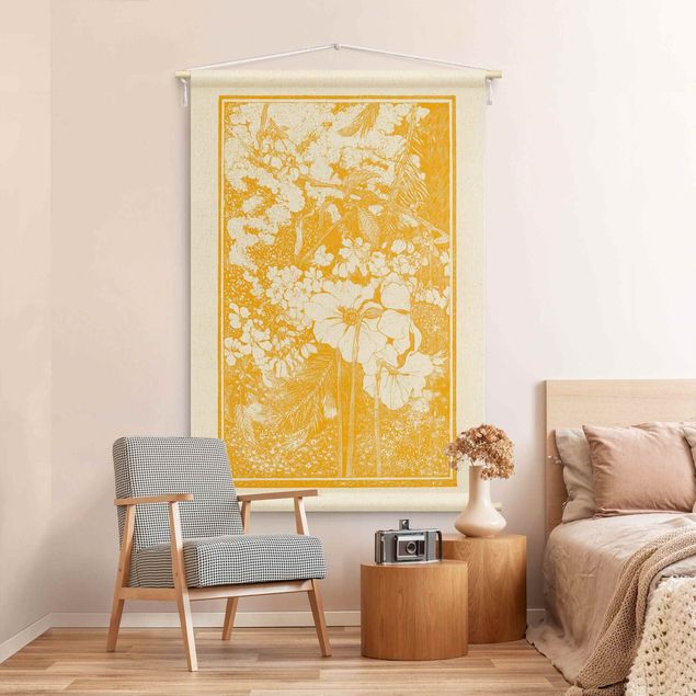 Wandteppich Vintage Asiatischer Holzschnitt in Gelb