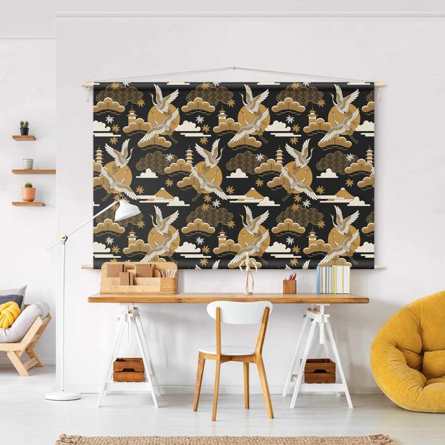 Wandteppich modern Asiatisches Muster mit Kranichen im Herbst