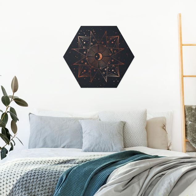 Hexagon Wandbilder Astrologie Mond Magie Blau Gold