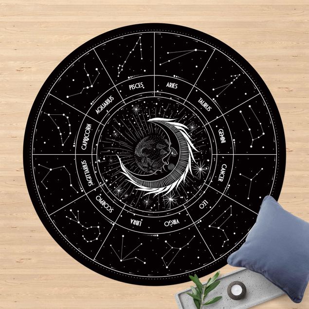 Aussen Teppich Astrologie Mond und Sternzeichen Schwarz