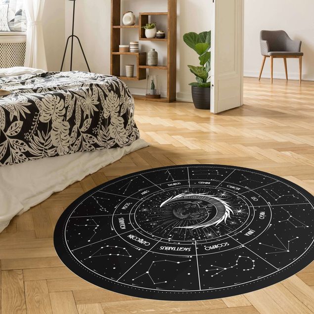 Moderner Teppich Astrologie Mond und Sternzeichen Schwarz