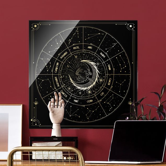 Glasbild - Astrologie Mond und Sternzeichen Schwarz - Quadrat 1:1