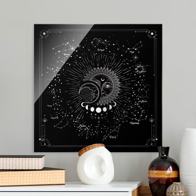 Glasbilder Buddha Astrologie Sonne Mond und Sterne Schwarz