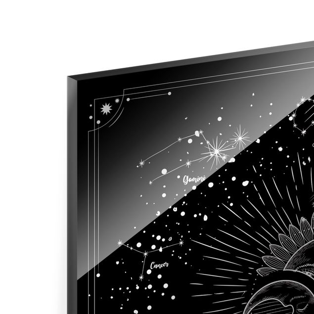 Glasbild - Astrologie Sonne Mond und Sterne Schwarz - Quadrat 1:1