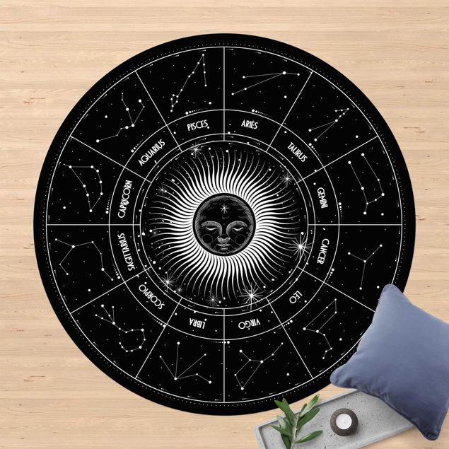 Outdoor Teppich Astrologie Sternzeichen im Sonnenkreis Schwarz