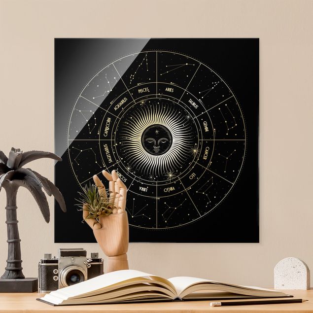 Buddha Glasbild Astrologie Sternzeichen im Sonnenkreis Schwarz
