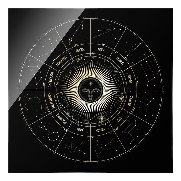Glasbild - Astrologie Sternzeichen im Sonnenkreis Schwarz - Quadrat 1:1