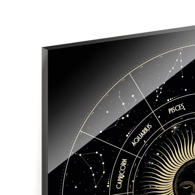 Glasbild - Astrologie Sternzeichen im Sonnenkreis Schwarz - Quadrat 1:1