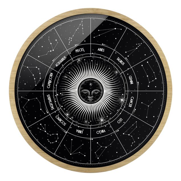 Rundes Gerahmtes Bild - Astrologie Sternzeichen im Sonnenkreis Schwarz