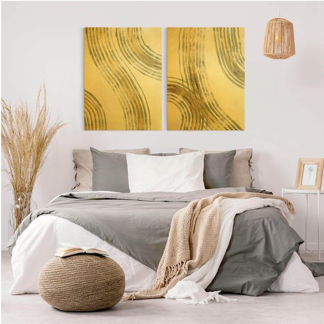 Wandbilder abstrakt Ausgehende Wellen Gold Set