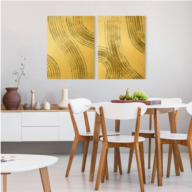 Wandbilder abstrakt Ausgehende Wellen Gold Set