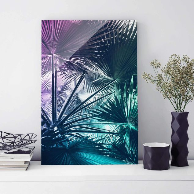 Wandbilder Glas XXL Tropische Pflanzen Palmenblatt in Türkis III