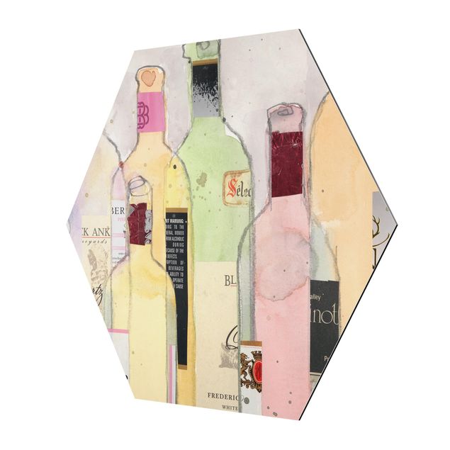 Hexagon Bild Alu-Dibond - Weinflaschen in Wasserfarbe I