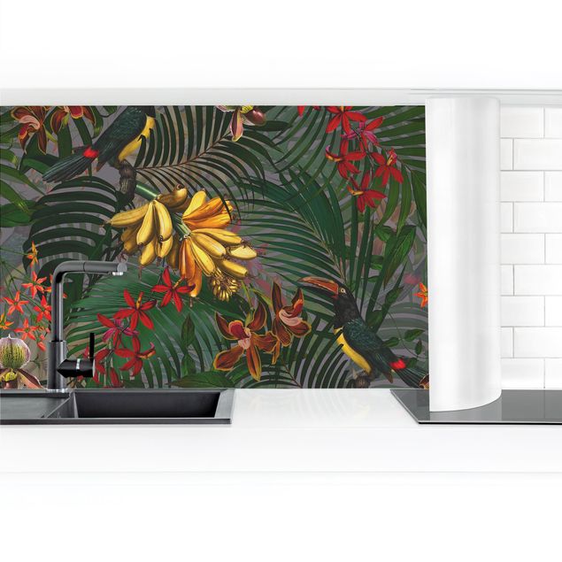 Glasrückwand Küche Blumen Tropische Farne mit Tucan Grün II