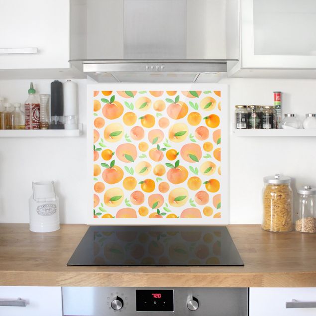 Muster Küchenrückwand Glas Aquarell Orangen mit Blättern in weißem Rahmen