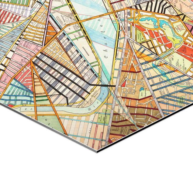 Hexagon Bild Alu-Dibond 3-teilig - Moderne Karten Bosten - Montreal - St.Louis