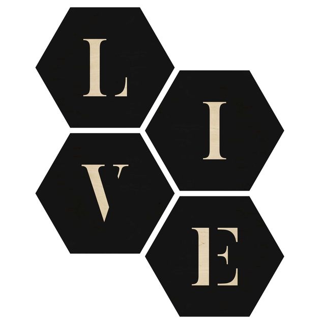 Hexagon Bild Holz 4-teilig - Buchstaben LIVE Weiß Set II