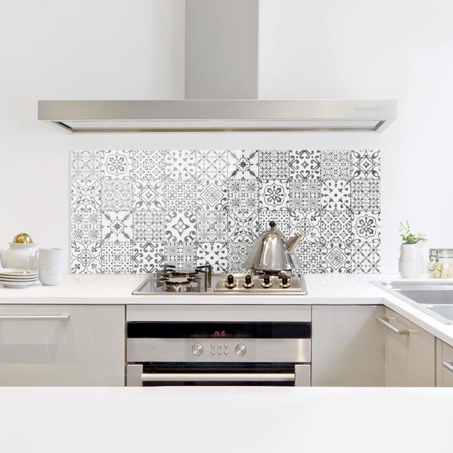 Küchenrückwand Glas Fliesenoptik Musterfliesen Grau Weiß