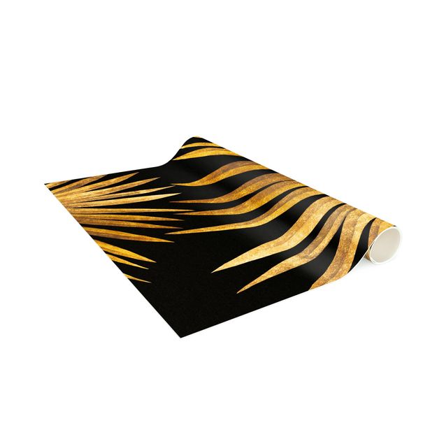 Moderner Teppich Gold - Palmenblatt auf Schwarz