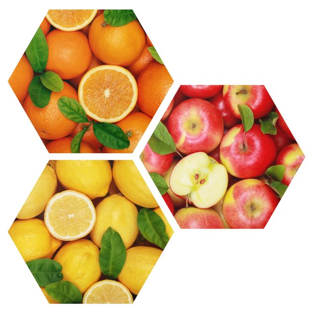 Hexagon Bild Alu-Dibond 3-teilig - Frische Früchte