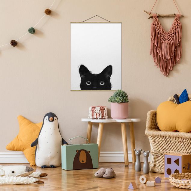 Stoffbilder mit Holzleisten Illustration Schwarze Katze auf Weiß Malerei